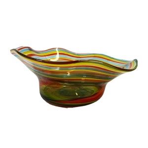 Hand Blown Fused Glass Swirls Hi Lo Curved Table Decor Bowl 10" x 10"